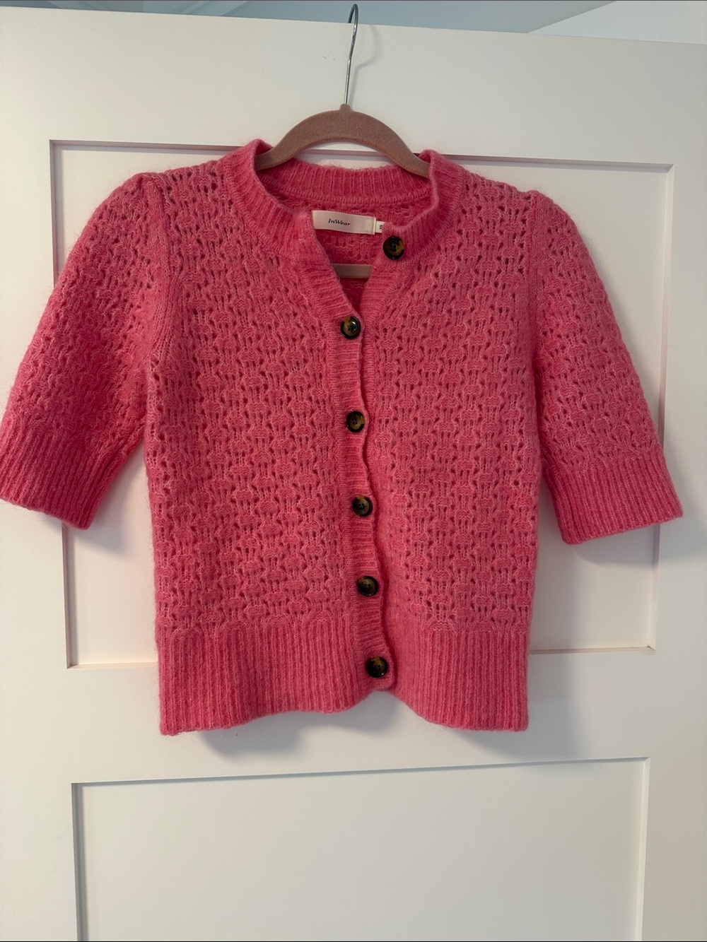 Short-Sleeve Pink Knit Cardigan Sweater